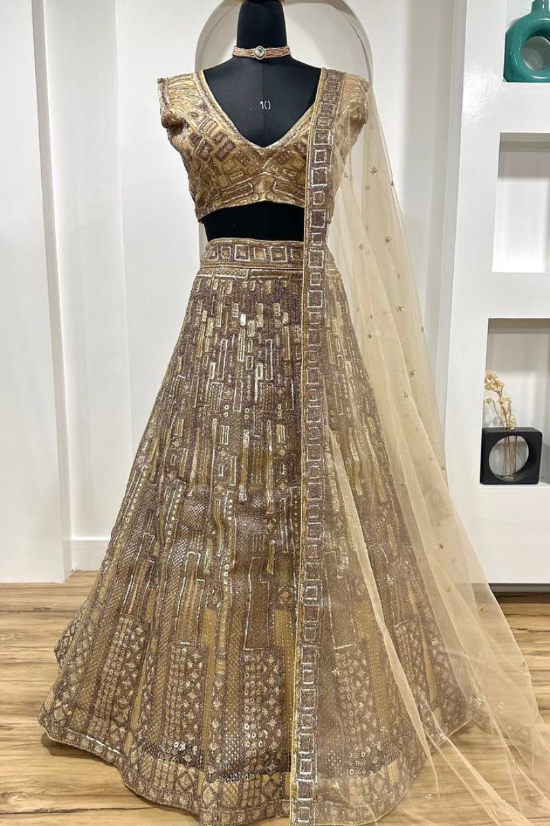 Beige Designer Net Lehenga Set with All-Over Sequins & Embroidery