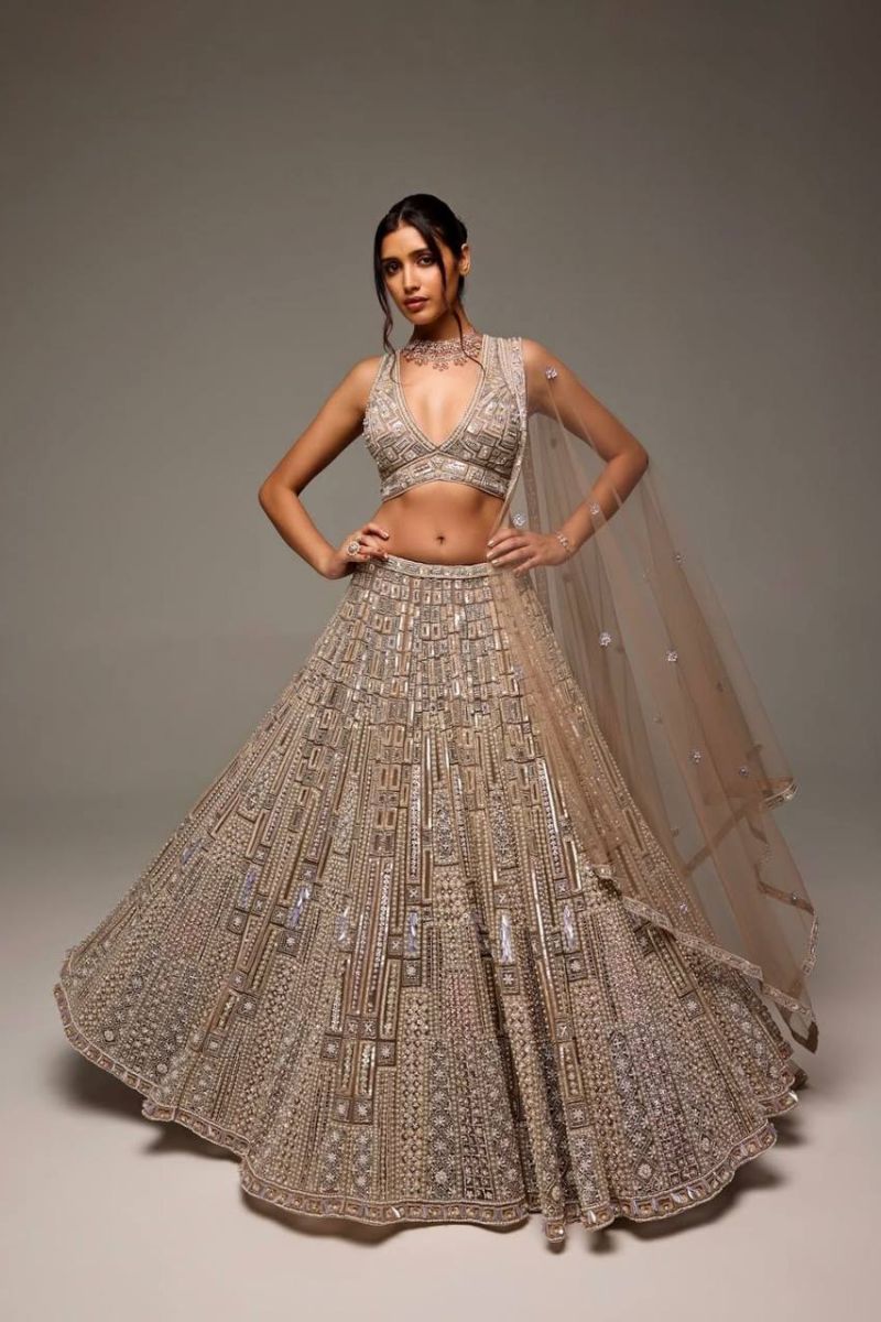 Beige Designer Net Lehenga Set with All-Over Sequins & Embroidery