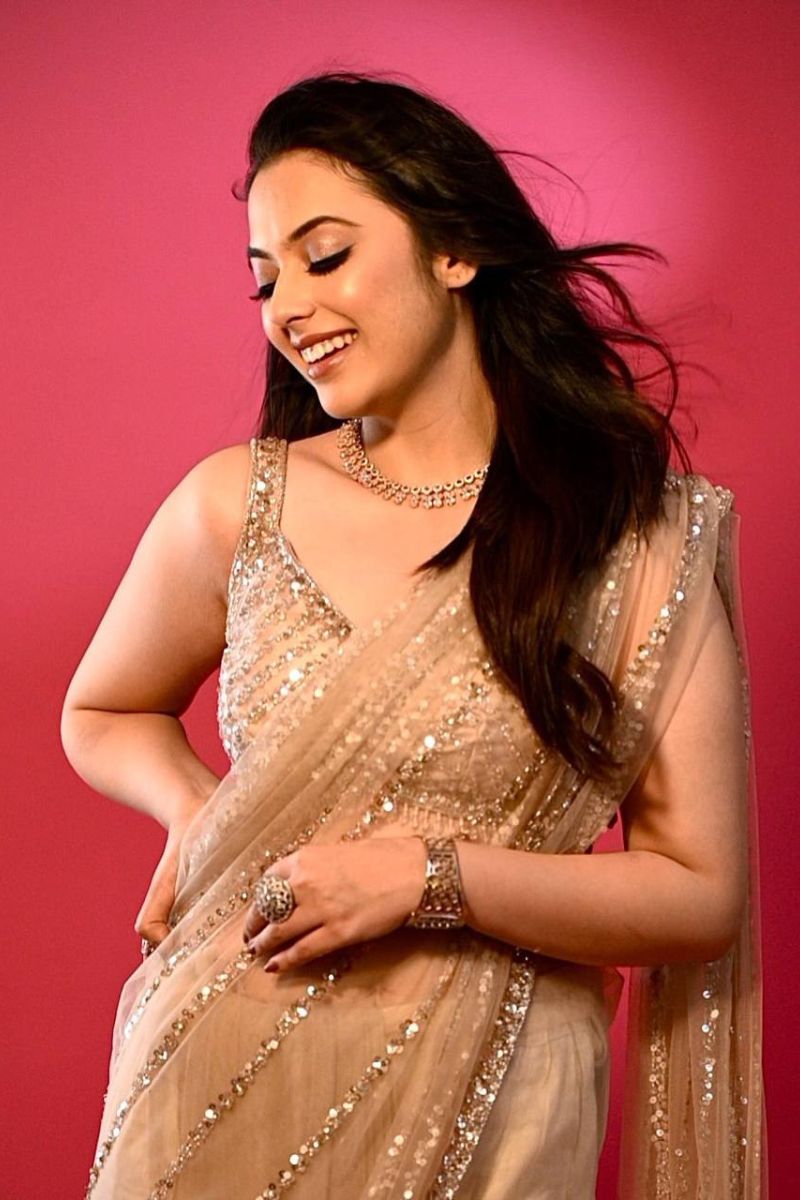 Beige Soft Heavy Net Saree with Sequin Embroidery & Tassel Pallu