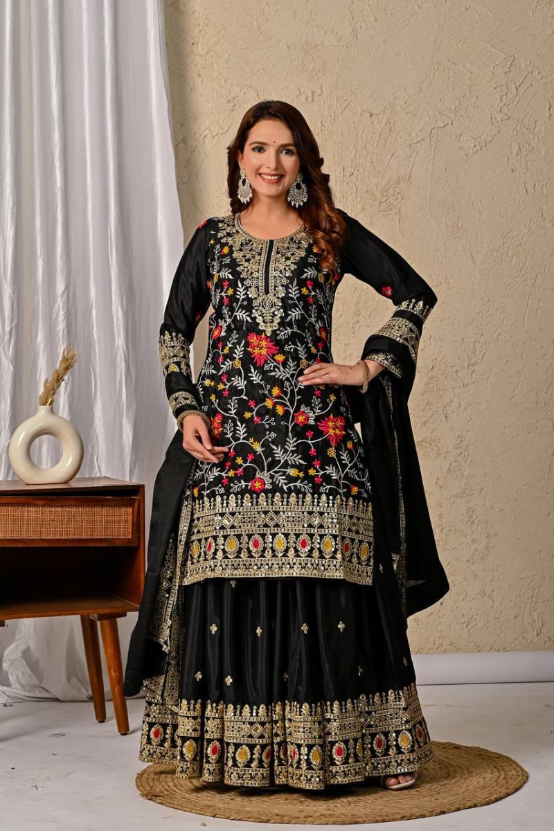 Black Chinnon Silk Kurta Sharara Set with Dupatta Embroidered