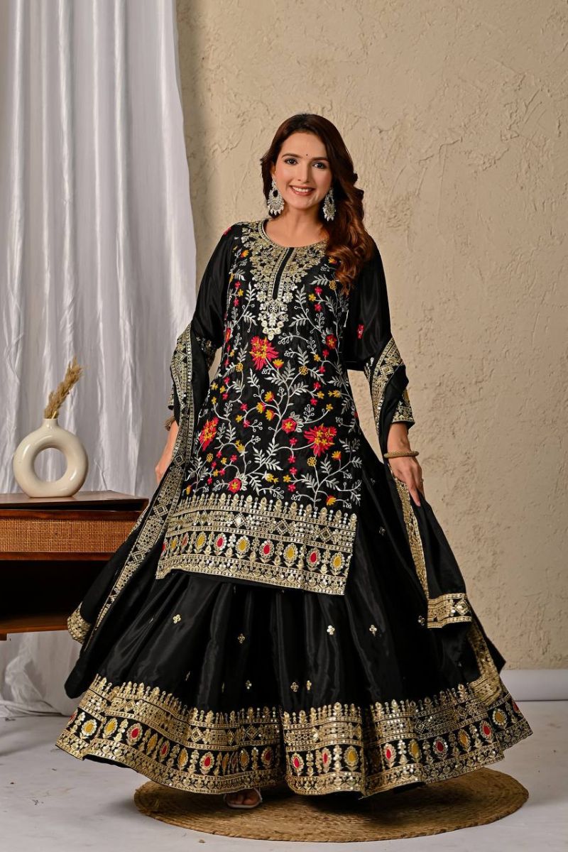 Black Chinnon Silk Kurta Sharara Set with Dupatta Embroidered