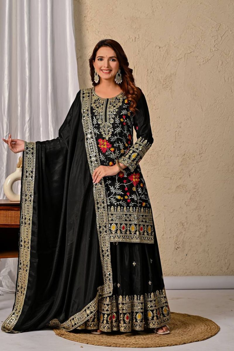 Black Chinnon Silk Kurta Sharara Set with Dupatta Embroidered