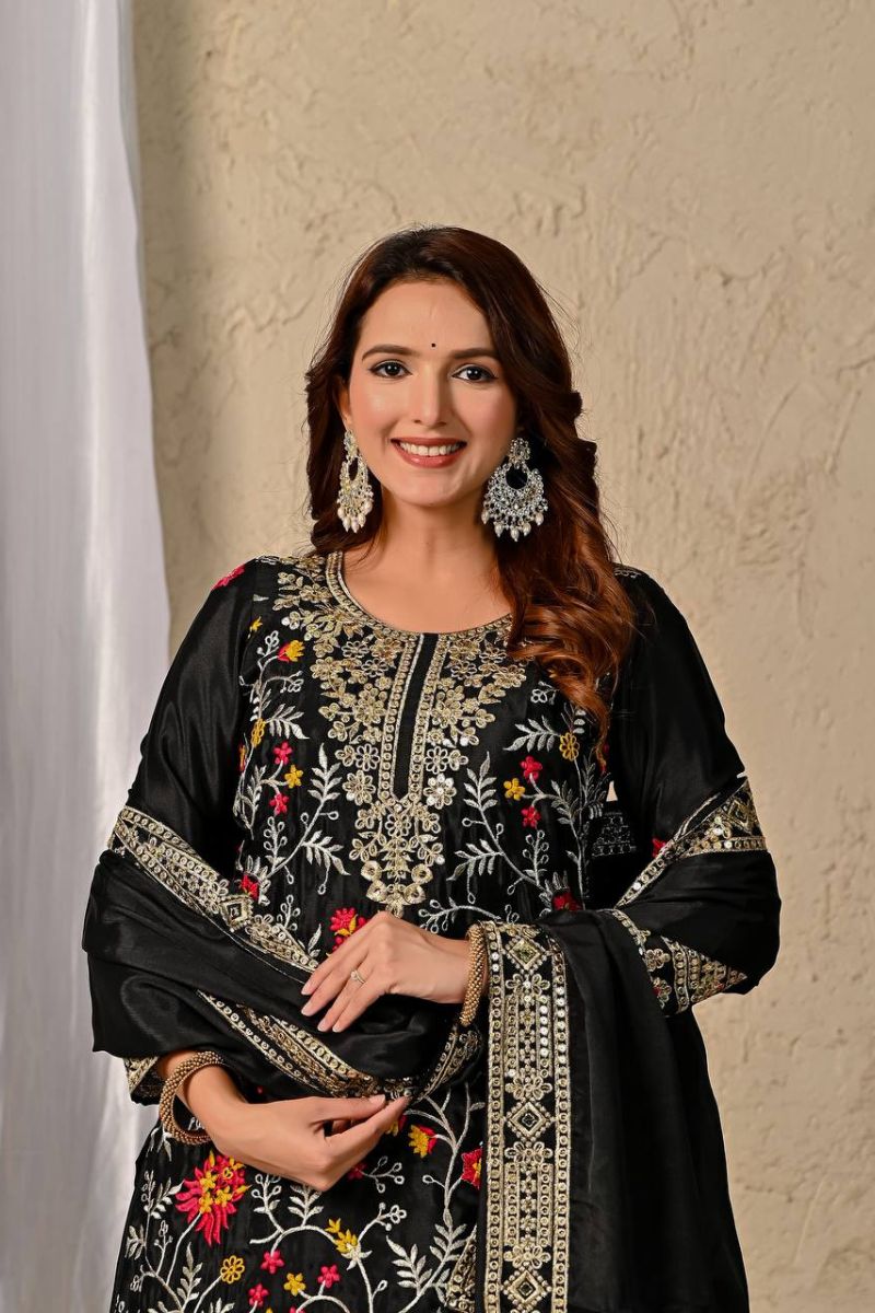 Black Chinnon Silk Kurta Sharara Set with Dupatta Embroidered