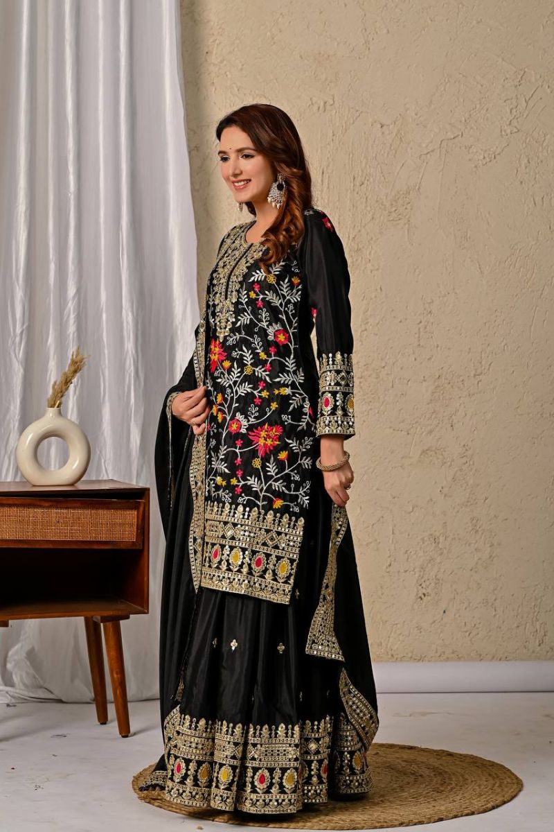 Black Chinnon Silk Kurta Sharara Set with Dupatta Embroidered