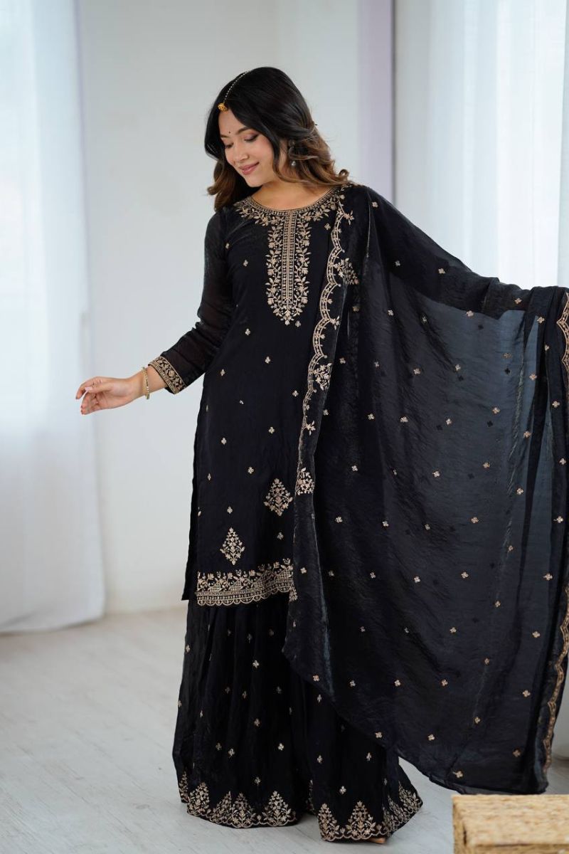 Black Pure Crunchy Silk Sharara Kurta Dupatta Set Emboridered