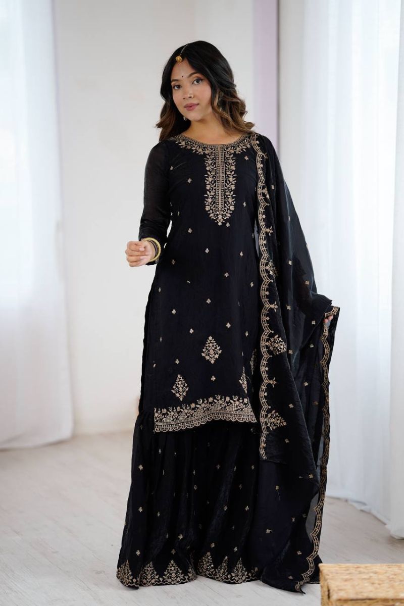 Black Pure Crunchy Silk Sharara Kurta Dupatta Set Emboridered