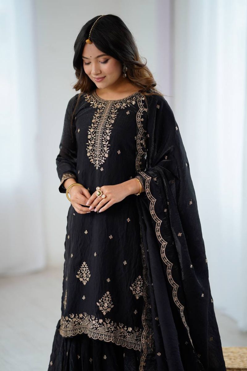 Black Pure Crunchy Silk Sharara Kurta Dupatta Set Emboridered