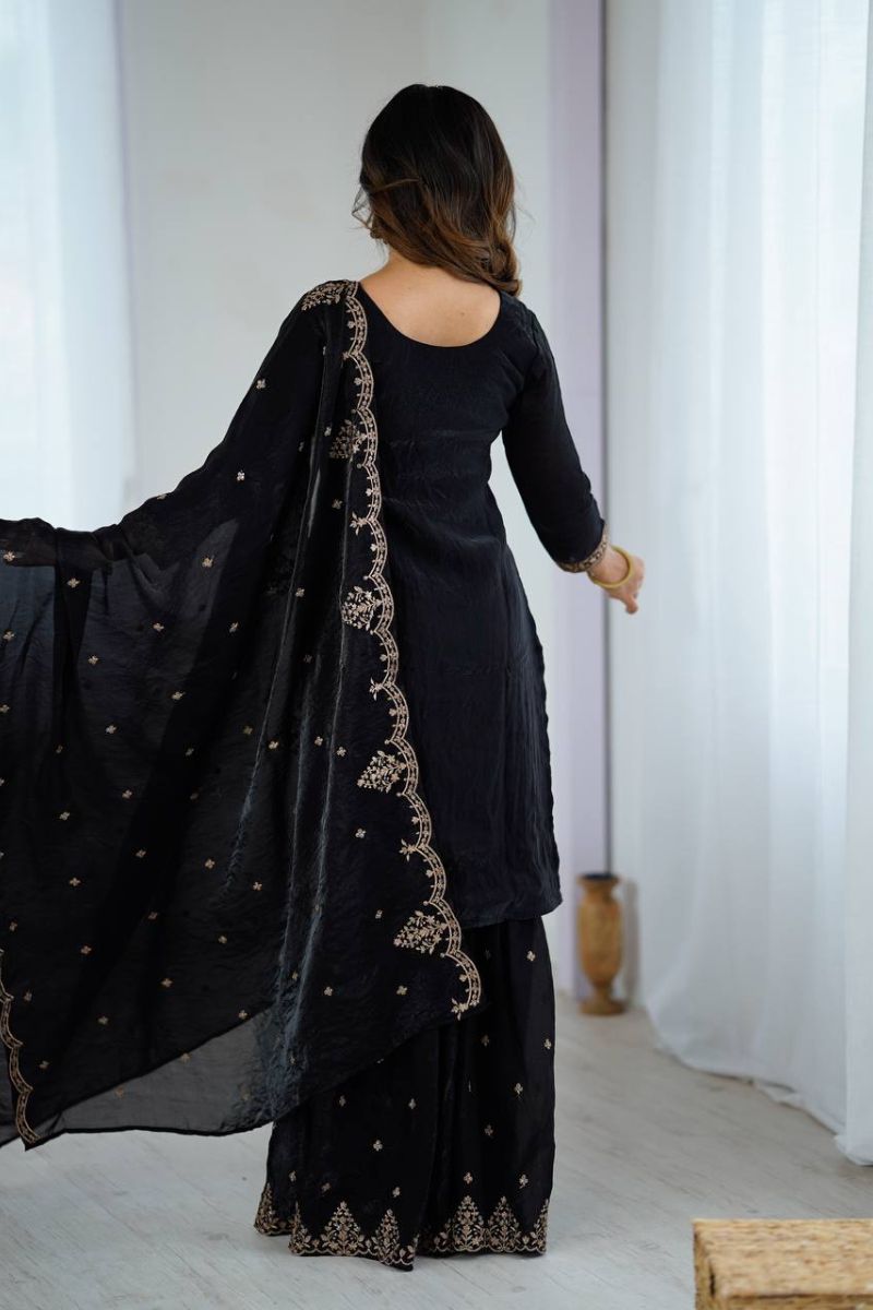 Black Pure Crunchy Silk Sharara Kurta Dupatta Set Emboridered