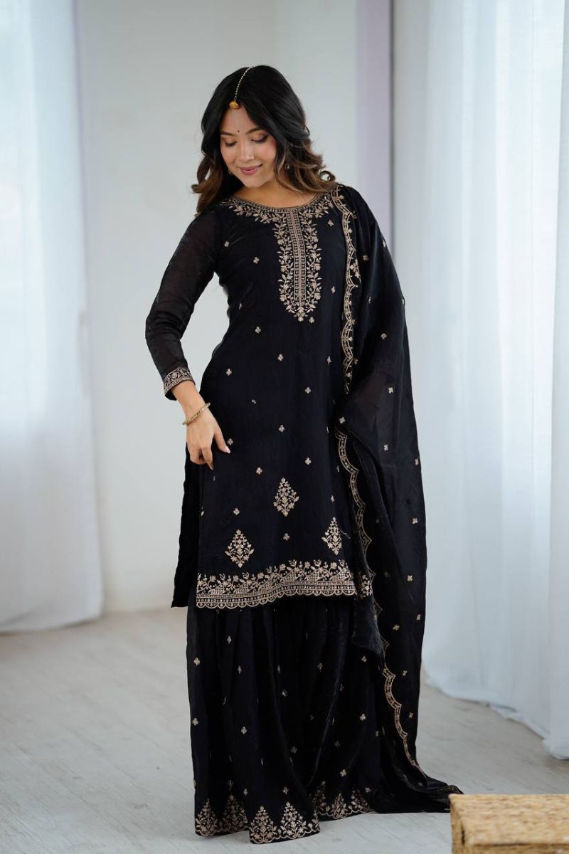 Black Pure Crunchy Silk Sharara Kurta Dupatta Set Emboridered