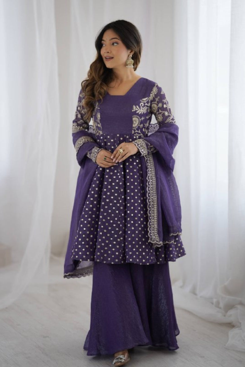Chic Crunchy Silk Sharara Set with Sequin Embroidery