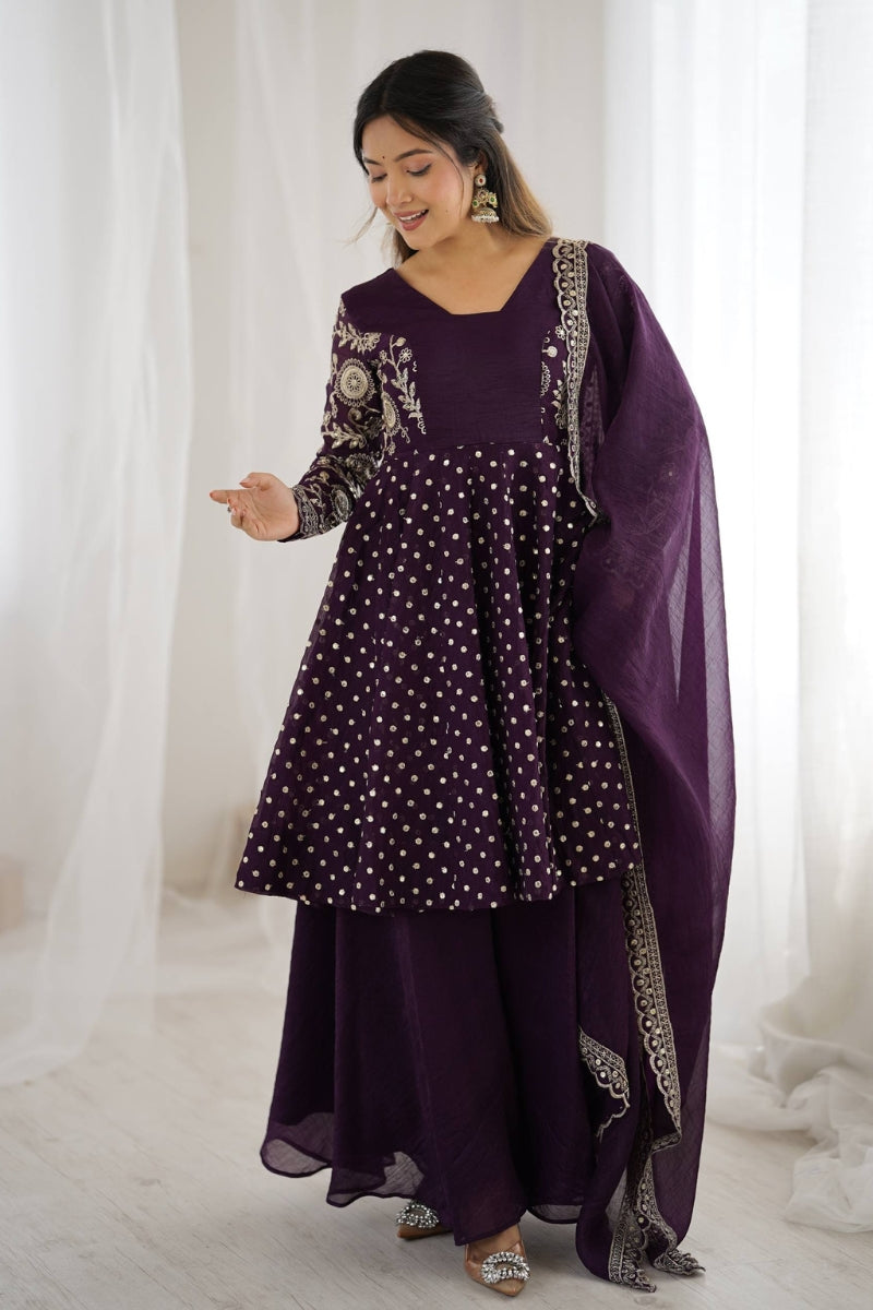 Chic Crunchy Silk Sharara Set with Sequin Embroidery