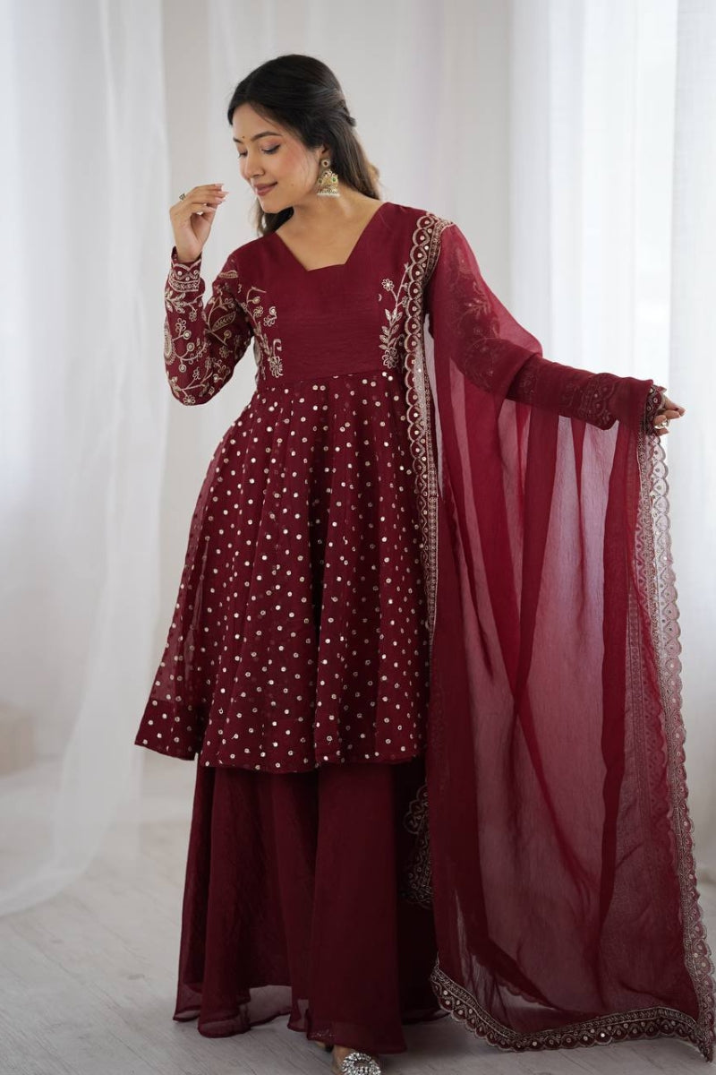 Chic Crunchy Silk Sharara Set with Sequin Embroidery