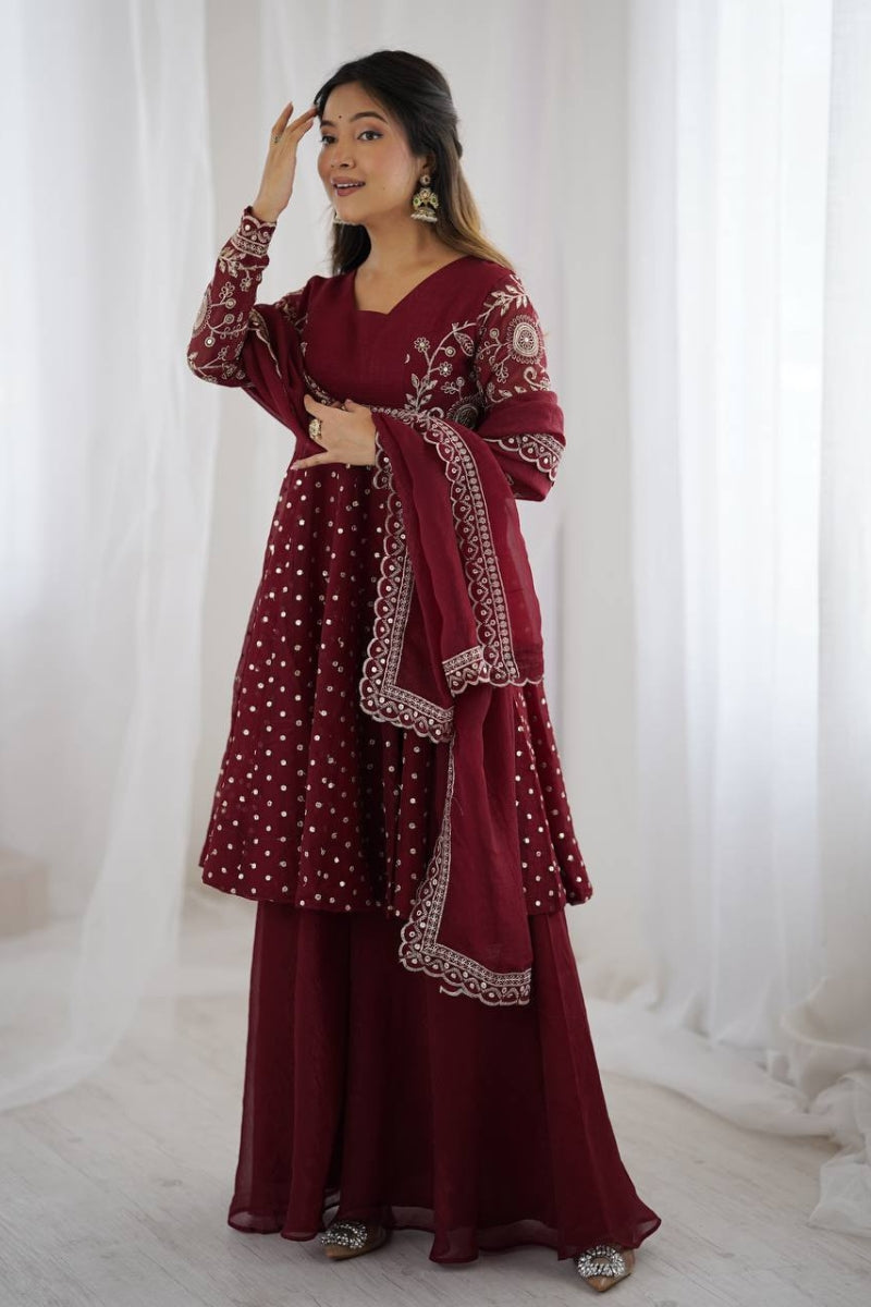 Chic Crunchy Silk Sharara Set with Sequin Embroidery