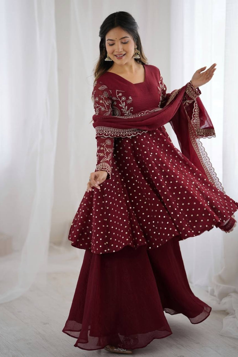 Chic Crunchy Silk Sharara Set with Sequin Embroidery