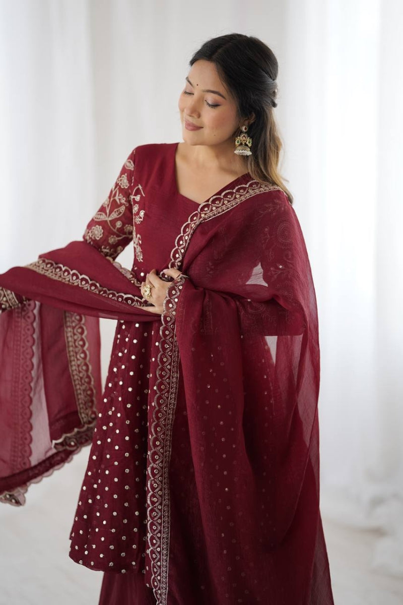 Chic Crunchy Silk Sharara Set with Sequin Embroidery