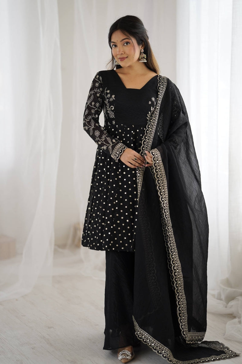 Chic Crunchy Silk Sharara Set with Sequin Embroidery