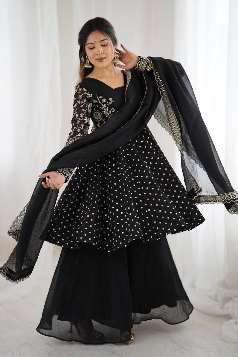 Chic Crunchy Silk Sharara Set with Sequin Embroidery