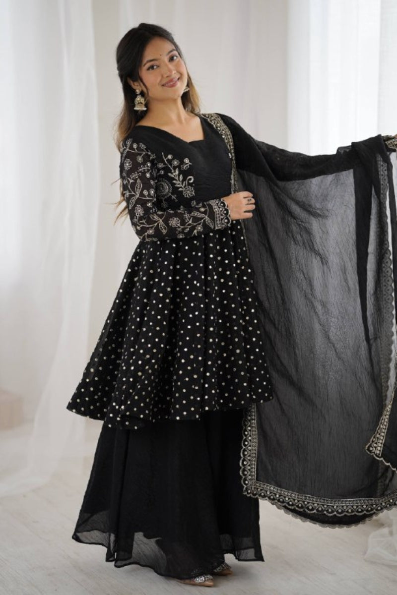 Chic Crunchy Silk Sharara Set with Sequin Embroidery