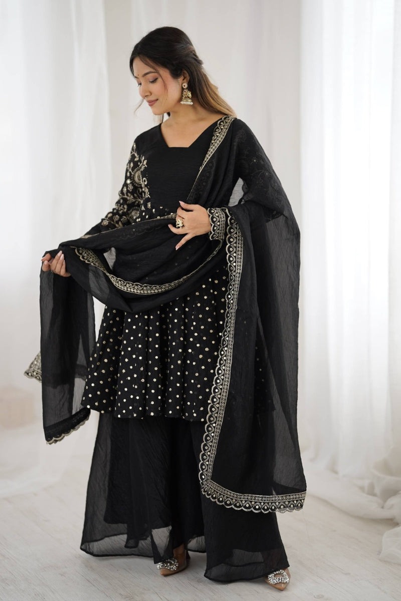 Chic Crunchy Silk Sharara Set with Sequin Embroidery