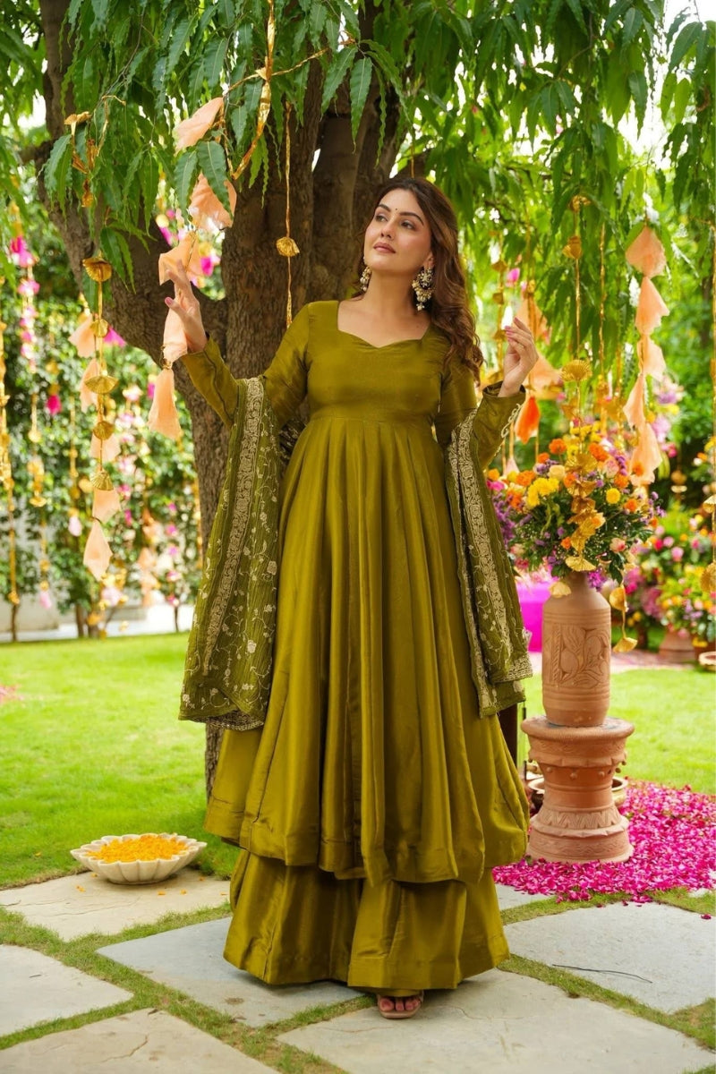 Chiffon Anarkali Suit Set with Dupatta & Palazzo Embroidered