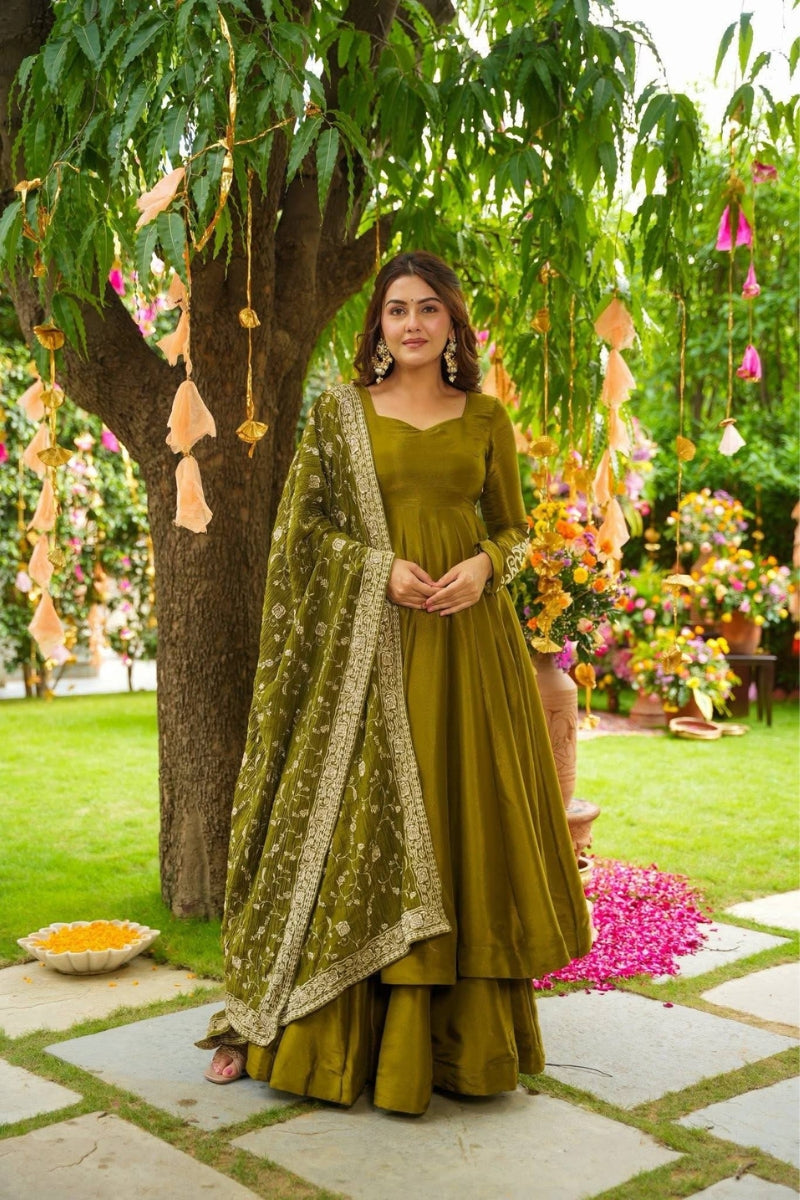 Chiffon Anarkali Suit Set with Dupatta & Palazzo Embroidered