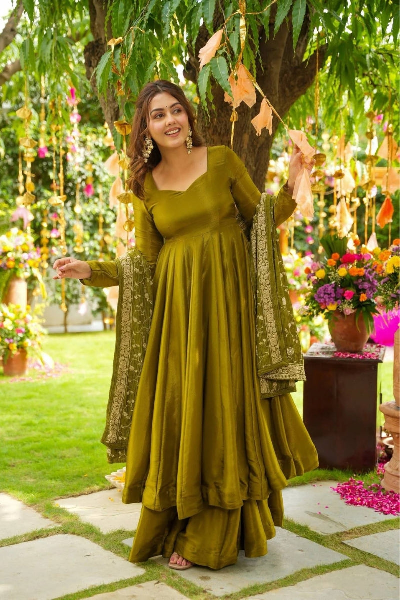 Chiffon Anarkali Suit Set with Dupatta & Palazzo Embroidered