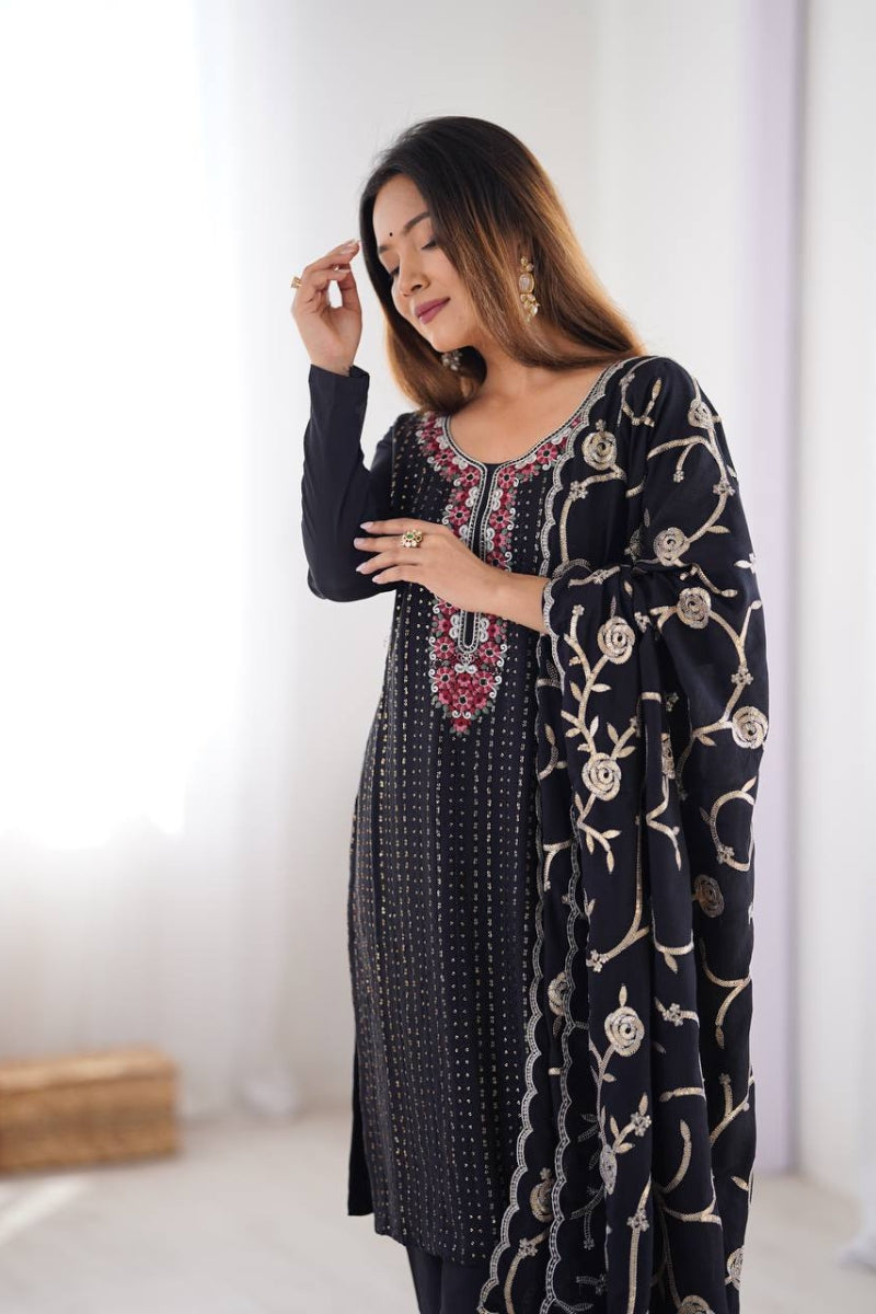 Chinon Silk Embroidered Kurta Set with Dupatta