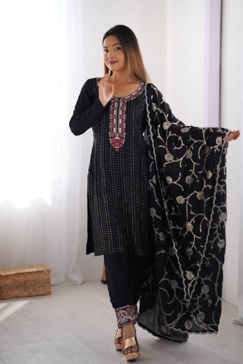 Chinon Silk Embroidered Kurta Set with Dupatta