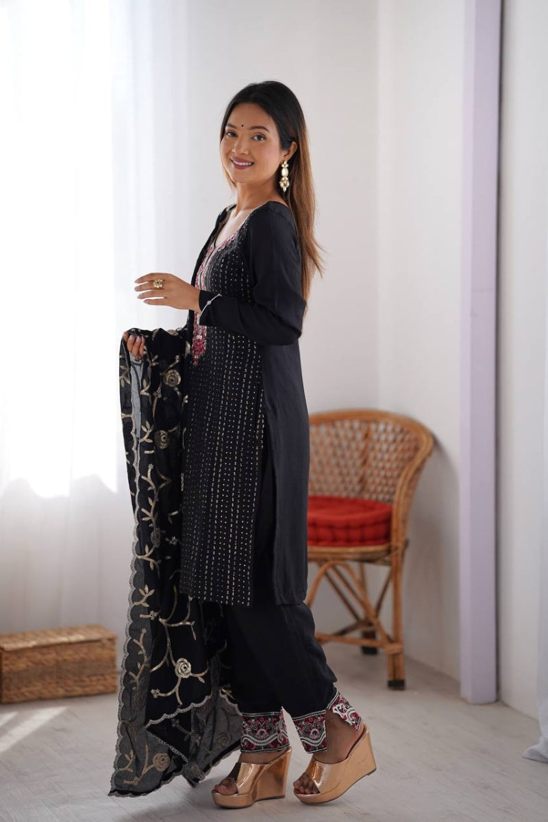 Chinon Silk Embroidered Kurta Set with Dupatta