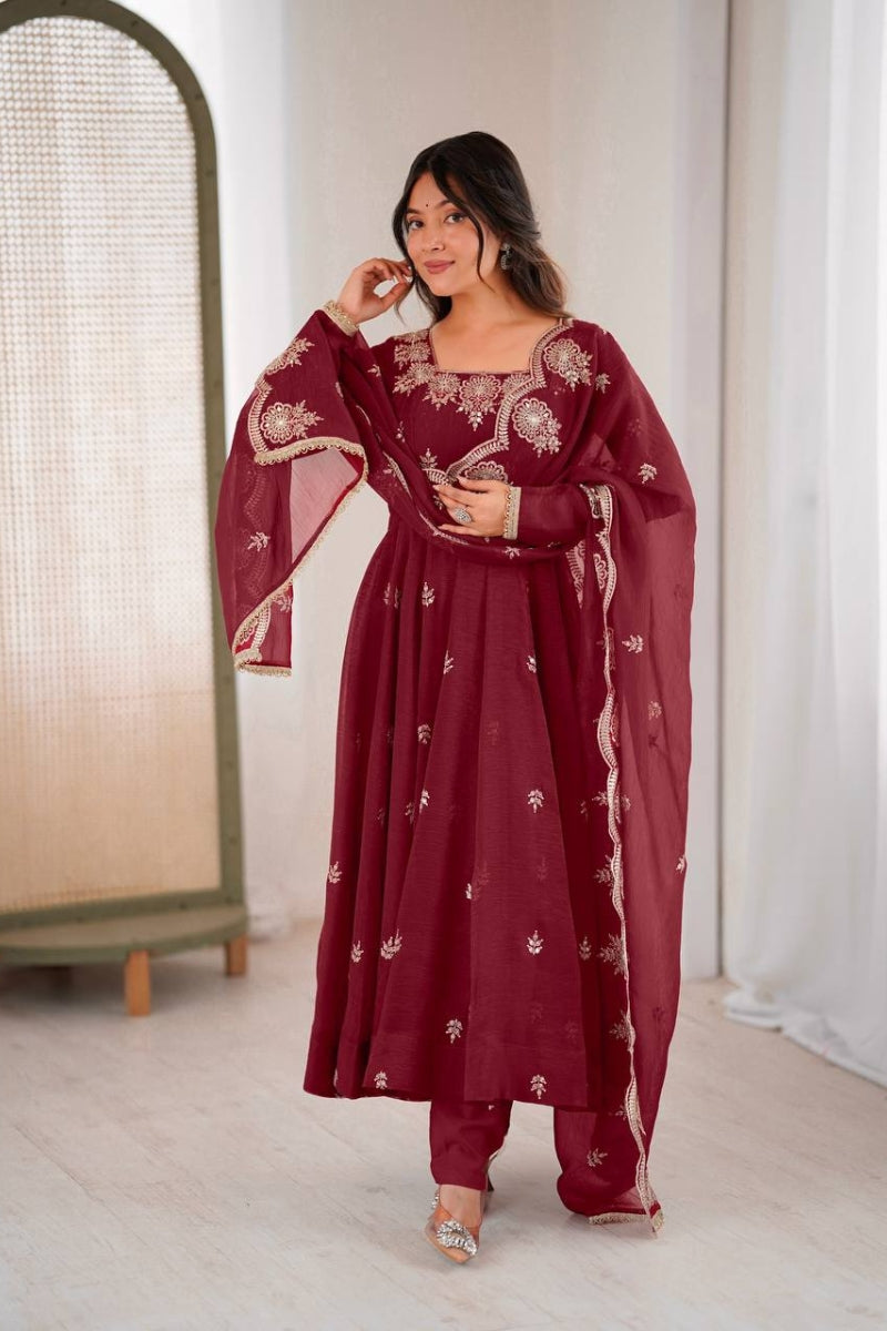Crunchy Silk Anarkali Gown Set with Embroidery & Sequin Work