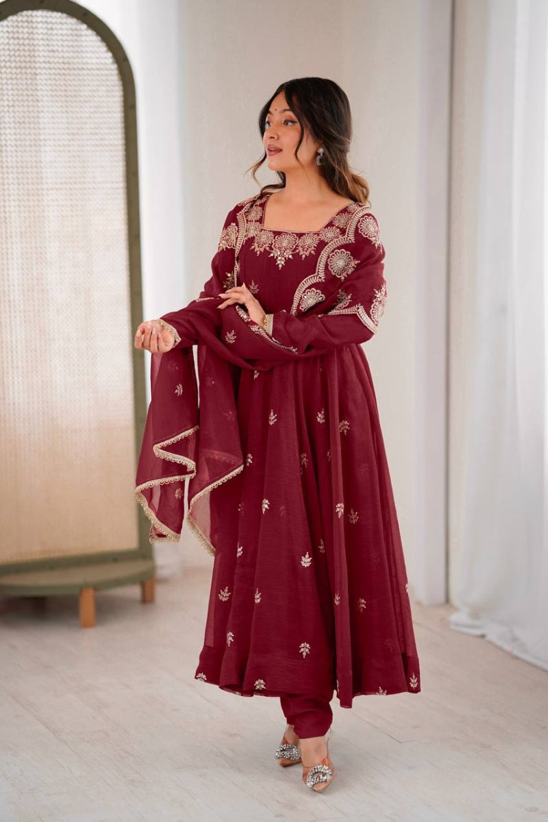 Crunchy Silk Anarkali Gown Set with Embroidery & Sequin Work