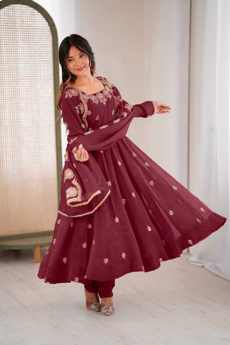 Crunchy Silk Anarkali Gown Set with Embroidery & Sequin Work