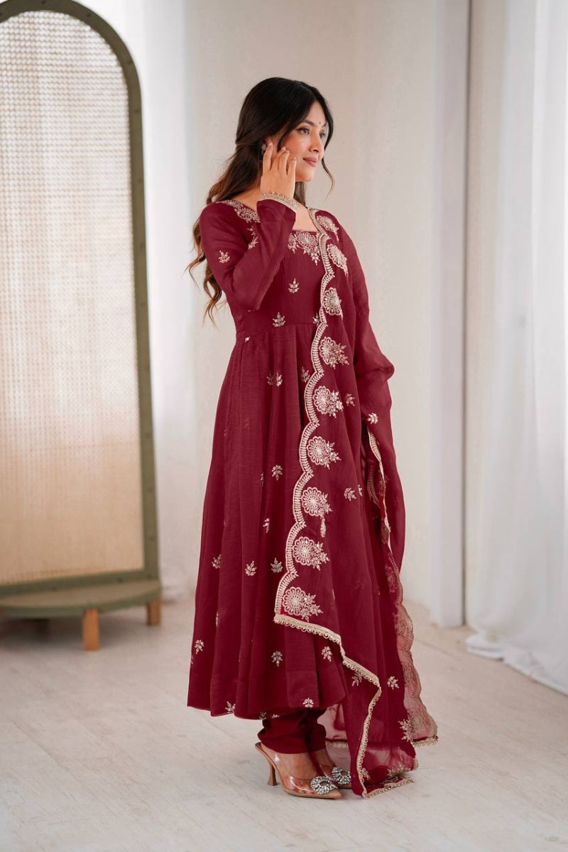 Crunchy Silk Anarkali Gown Set with Embroidery & Sequin Work