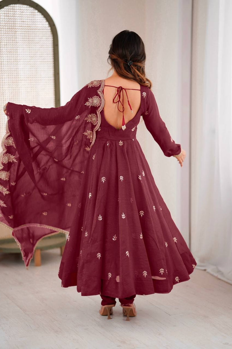 Crunchy Silk Anarkali Gown Set with Embroidery & Sequin Work