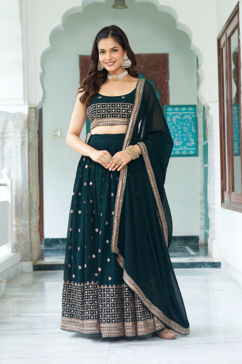 Dark Green Fox Georgette Lehenga Choli Dupatta Set Sequence Embroidery