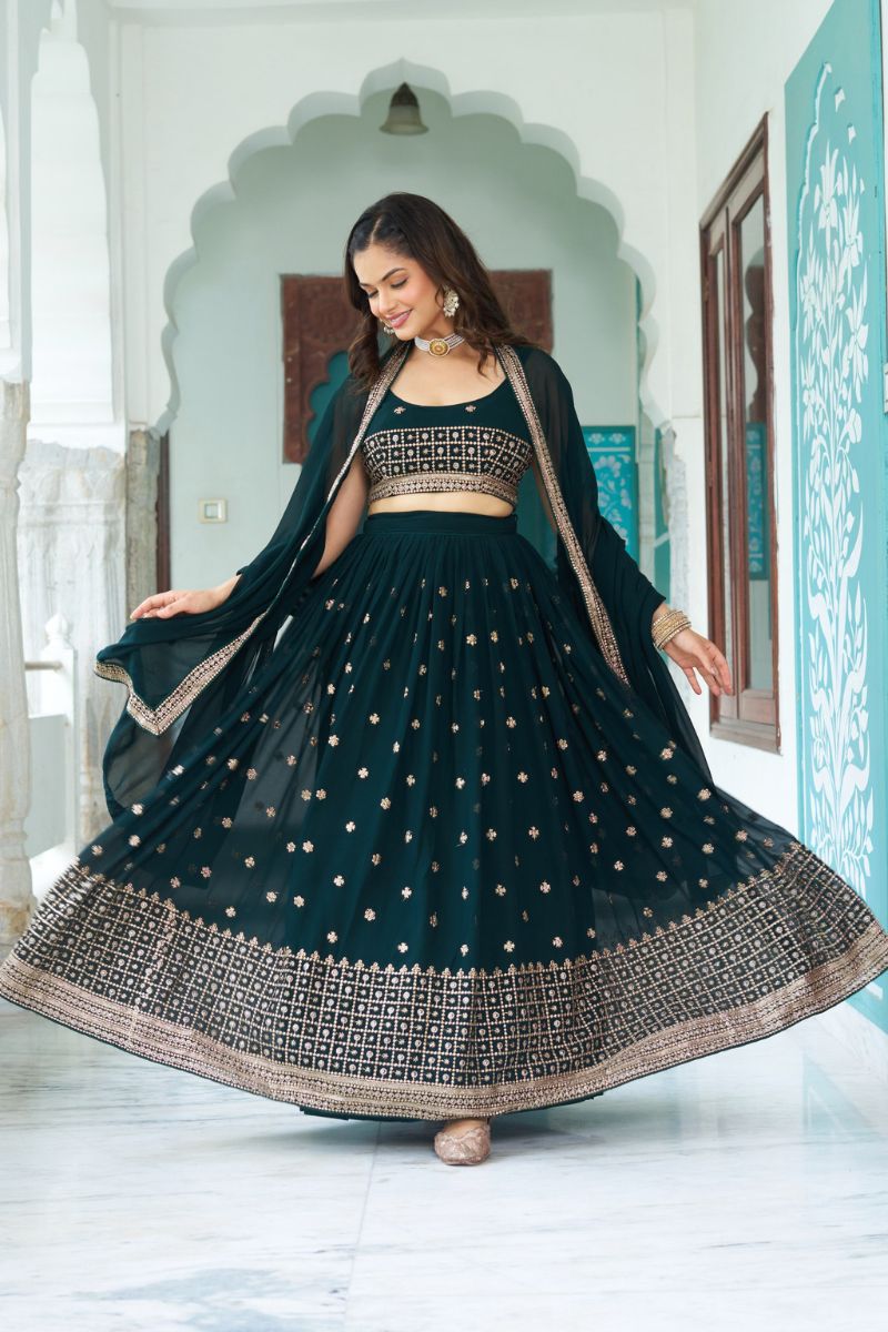 Dark Green Fox Georgette Lehenga Choli Dupatta Set Sequence Embroidery