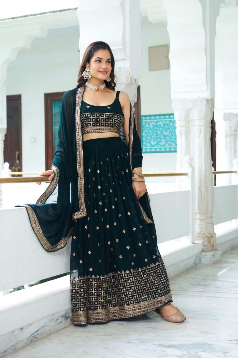 Dark Green Fox Georgette Lehenga Choli Dupatta Set Sequence Embroidery