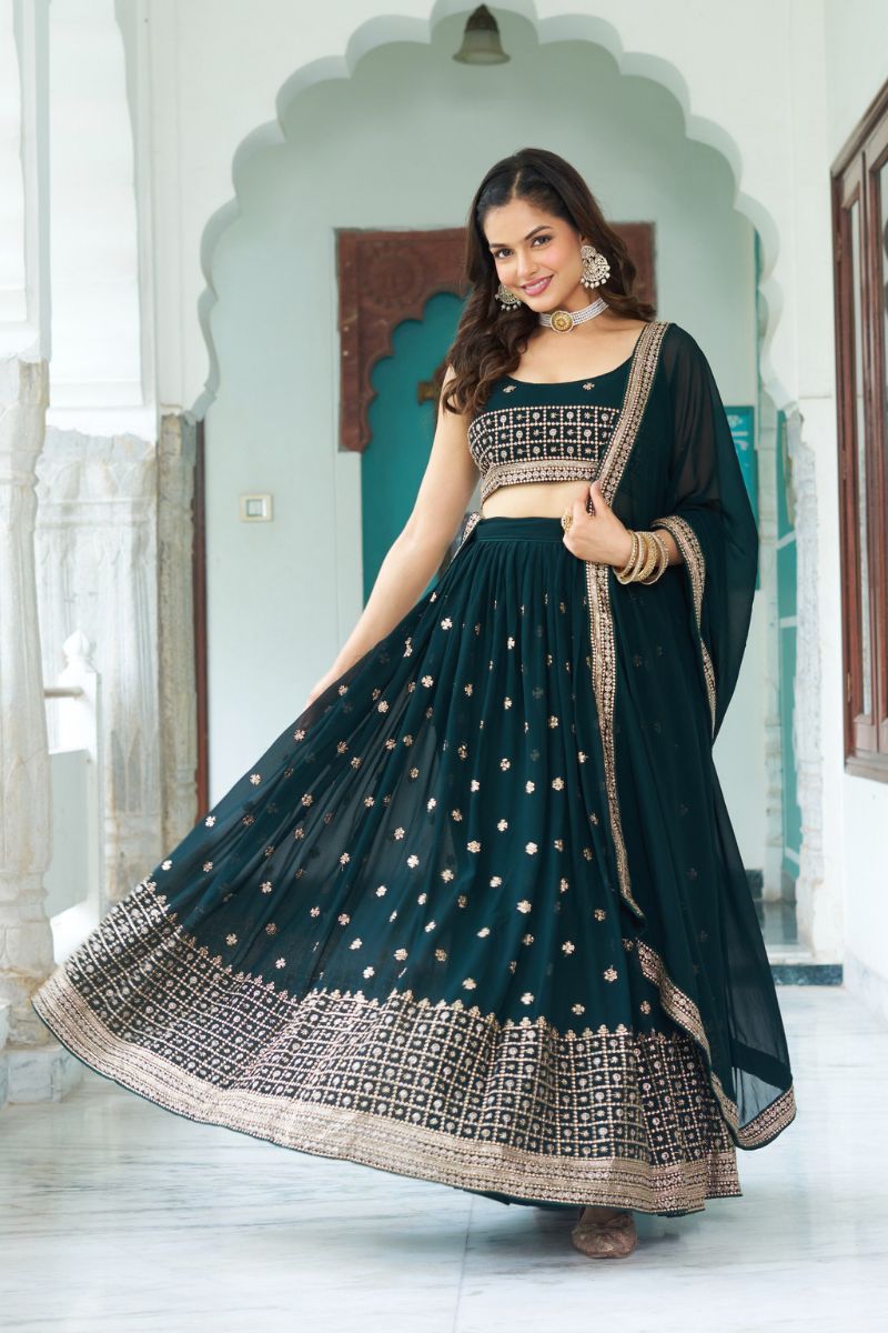 Dark Green Fox Georgette Lehenga Choli Dupatta Set Sequence Embroidery