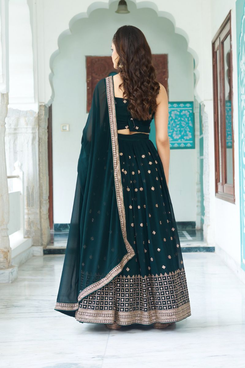Dark Green Fox Georgette Lehenga Choli Dupatta Set Sequence Embroidery