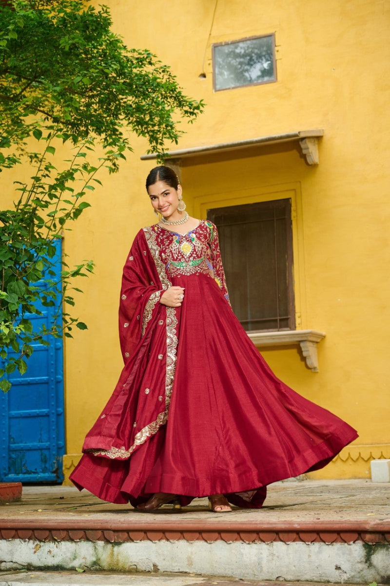 Designer Embroidered Vichitra Gown with Zari Work Dupatta