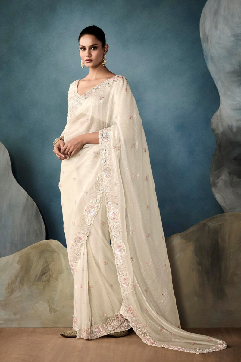 Designer Fancy Fabric Saree with Hand Embroidered