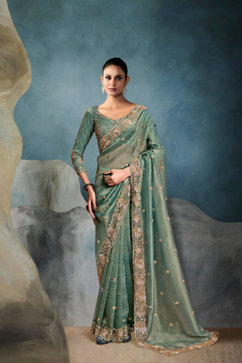 Designer Fancy Fabric Saree with Hand Embroidered