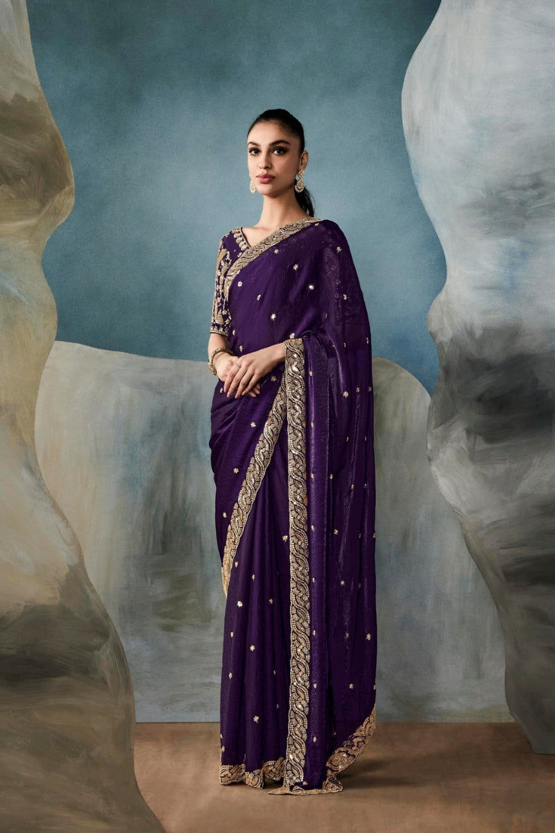 Designer Fancy Fabric Saree with Hand Embroidered