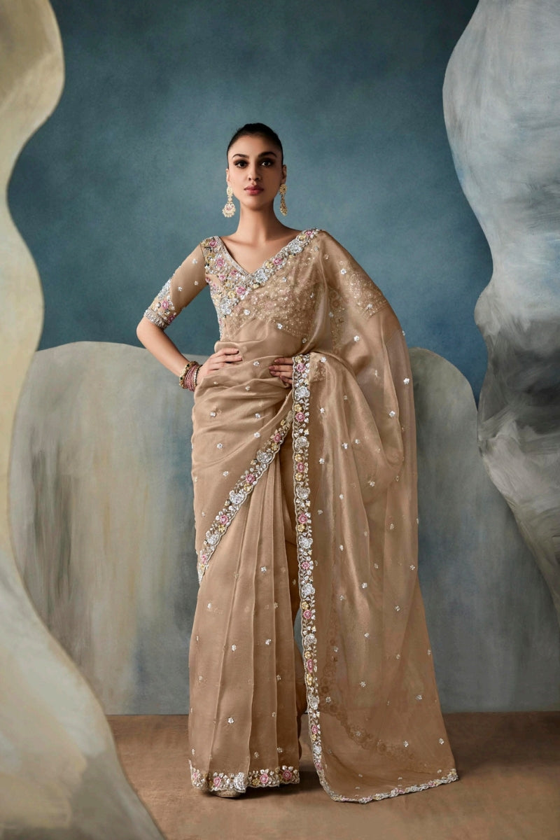 Designer Fancy Fabric Saree with Hand Embroidered