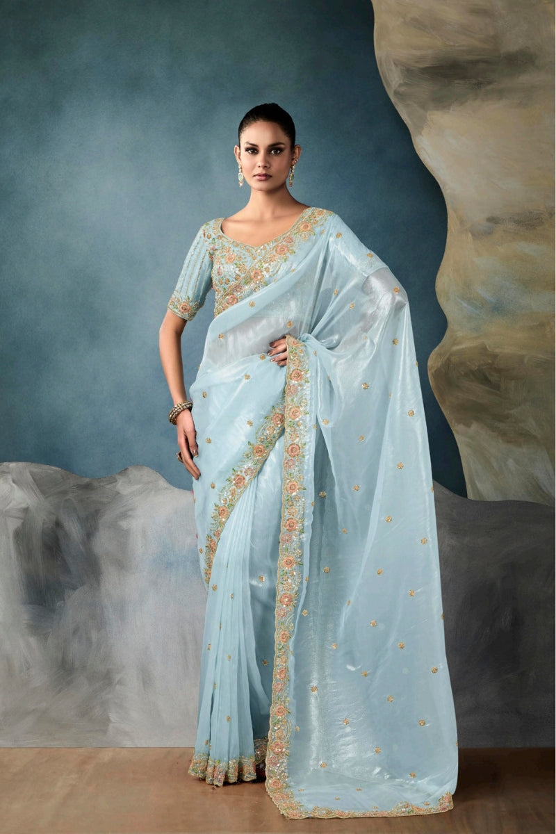 Designer Fancy Fabric Saree with Hand Embroidered
