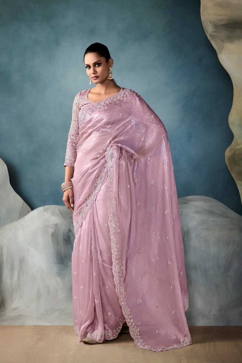 Designer Fancy Fabric Saree with Hand Embroidered