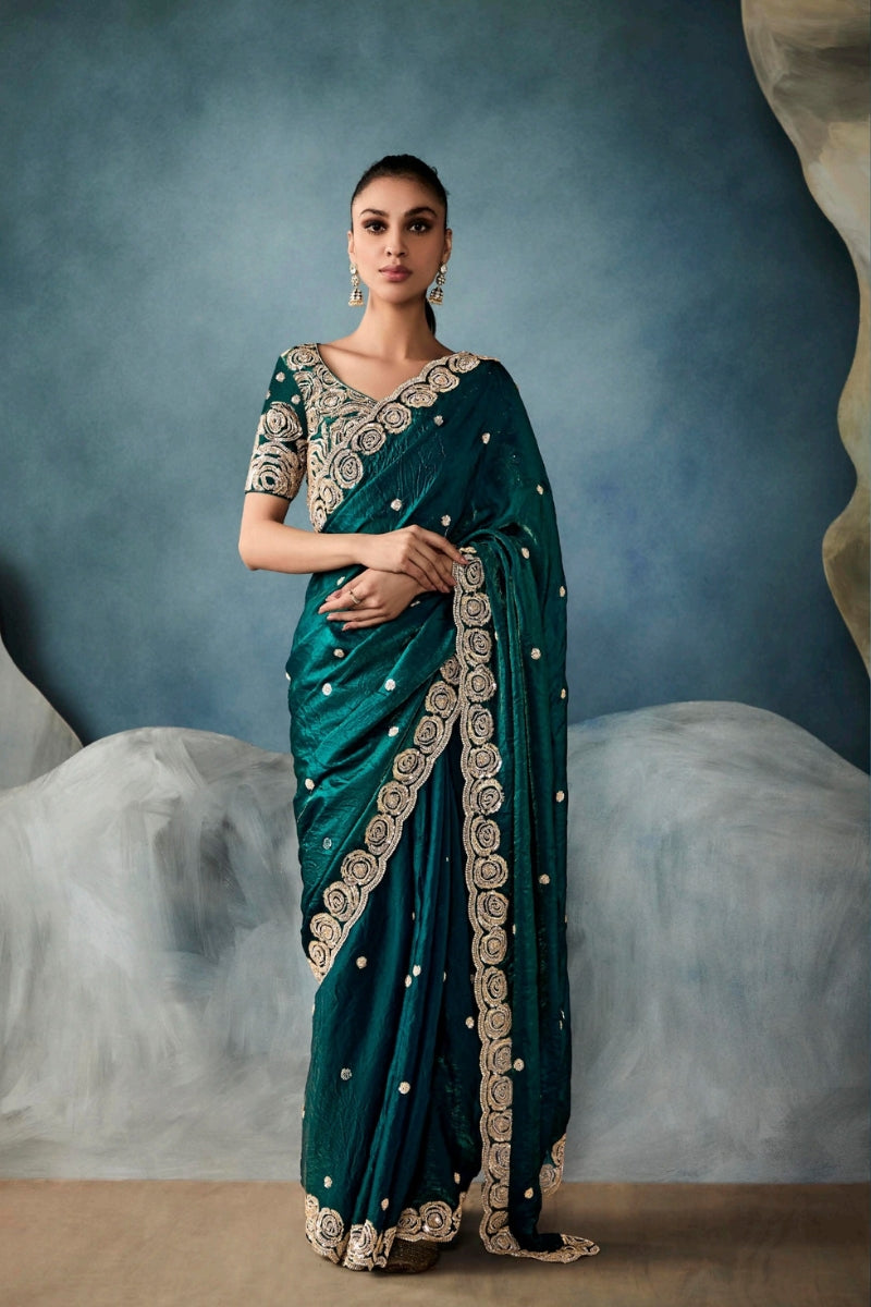 Designer Fancy Fabric Saree with Hand Embroidered