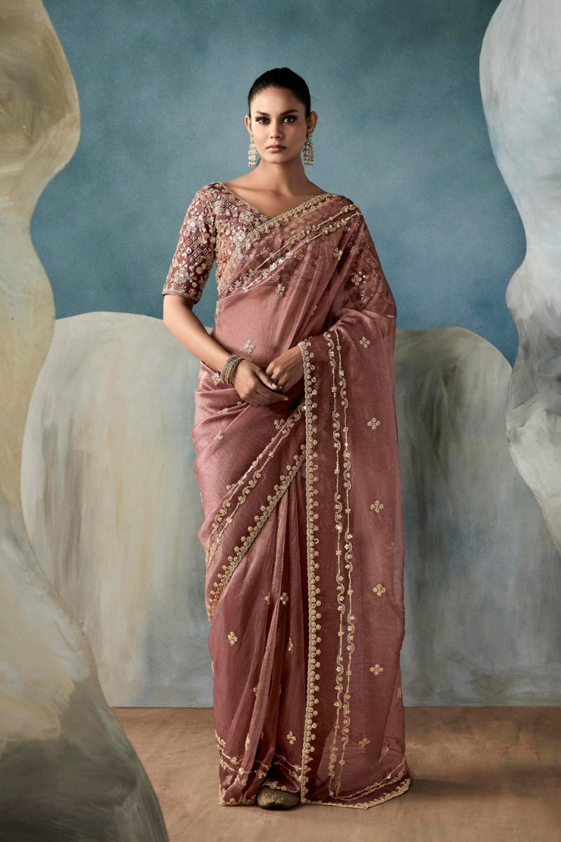 Designer Fancy Fabric Saree with Hand Embroidered