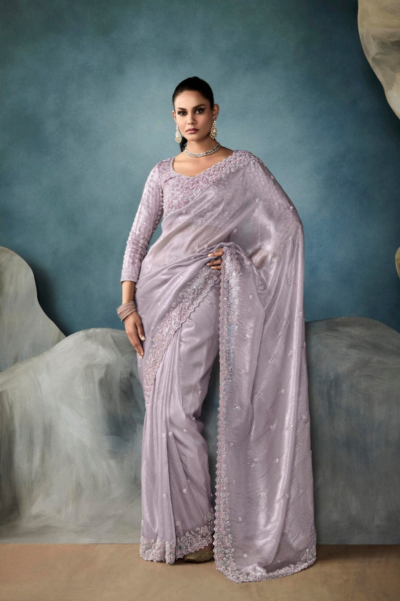 Designer Fancy Fabric Saree with Hand Embroidered