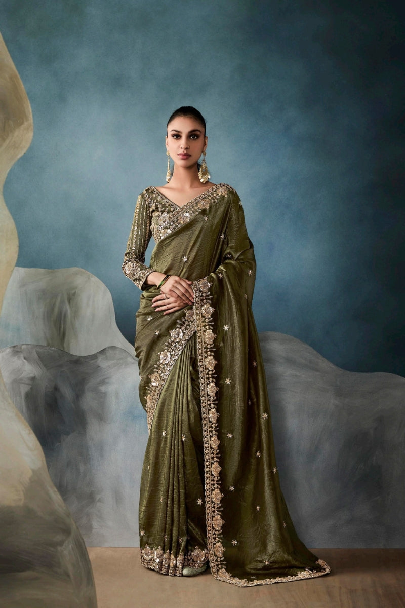 Designer Fancy Fabric Saree with Hand Embroidered